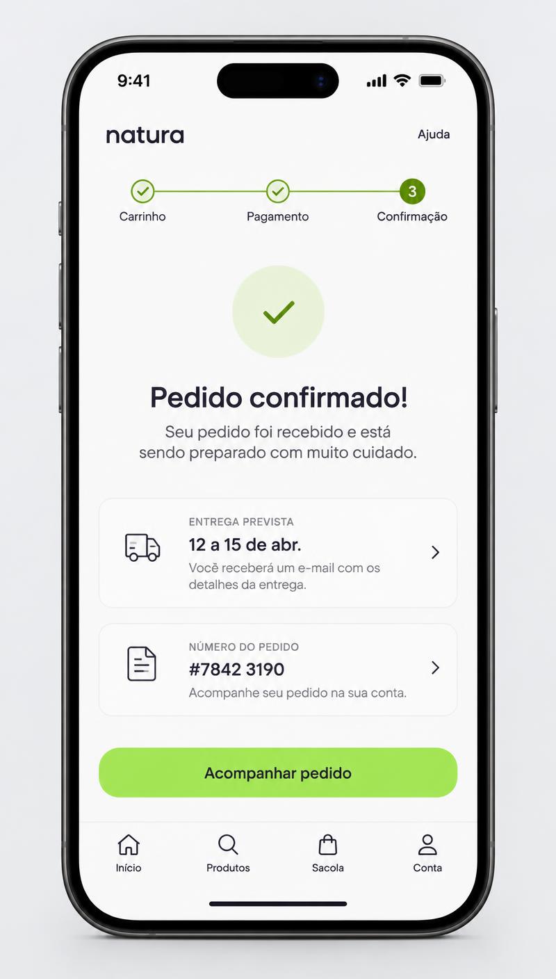 Exemplo de confirmação de pedido em aplicativo móvel
